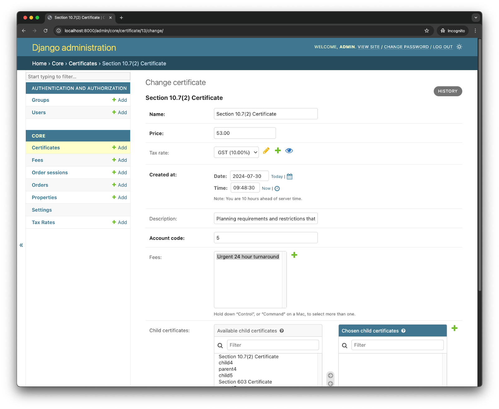 Model Setup Certificate Contains