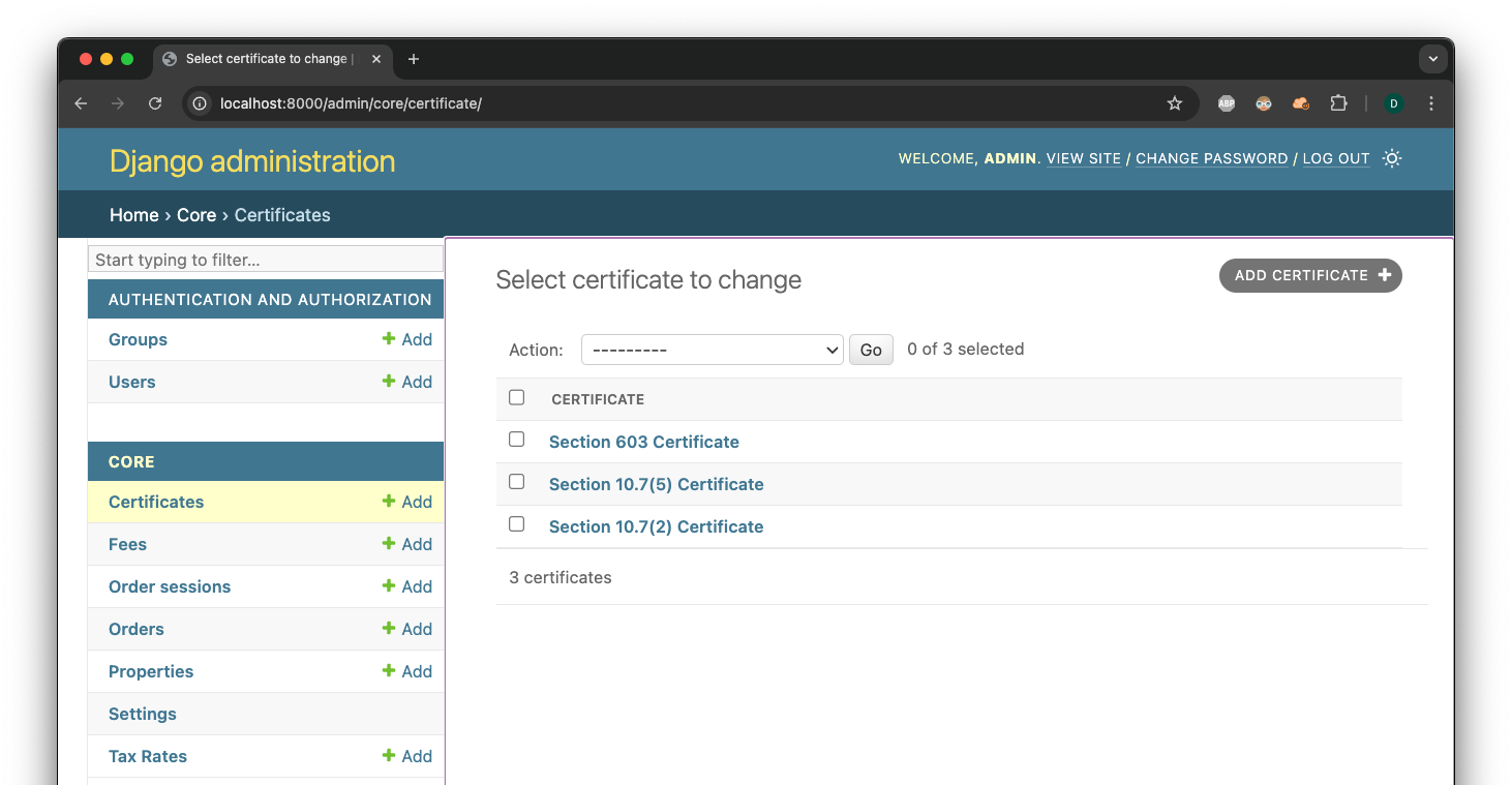 Model Setup Certificates