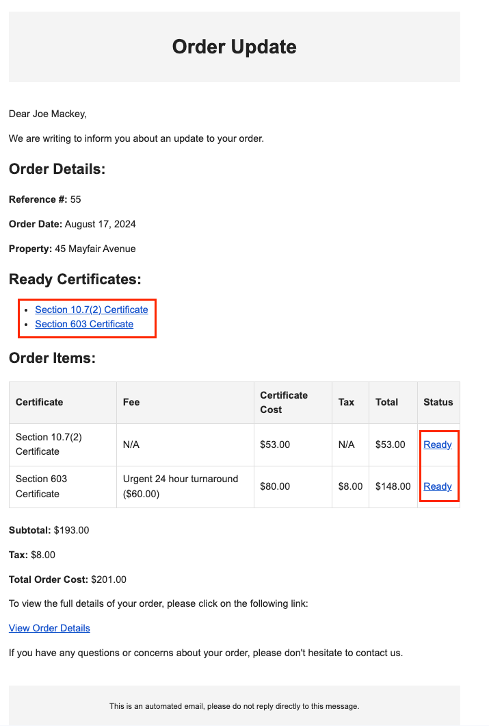 Order Certificate View